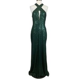 Backless Sequined Halter Evening Gown Green Size 16 Laundry Long Formal Dress